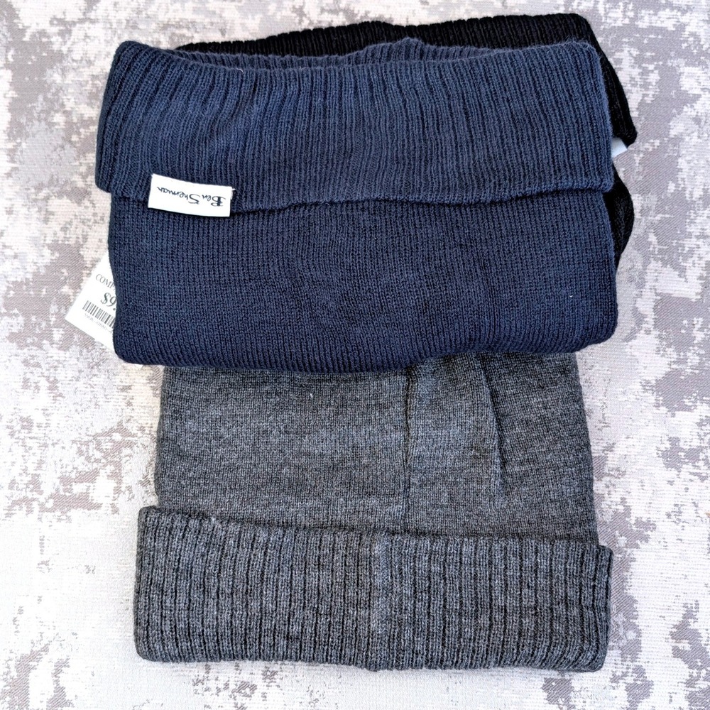 Ben Sherman Mens 3 Pack Knit Cuffed Beanie Hats Black Navy Grey New - Picture 10 of 14